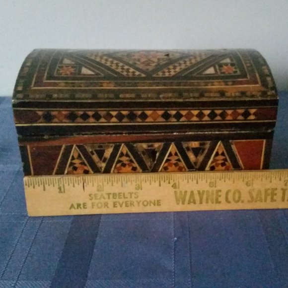 Vintage Wooden Inlaid Box, Jewelry Box, Trinket Box Lined Red - Picture 2 of 10